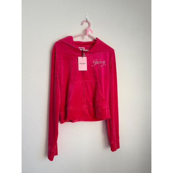 Juicy Couture Vixen Pink Velour Rhinestone Logo Zip Up Hoodie XL New